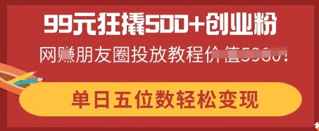 99元狂撬500+创业粉，单日五位数轻松变现，网创朋友圈投放教程-极客副业站